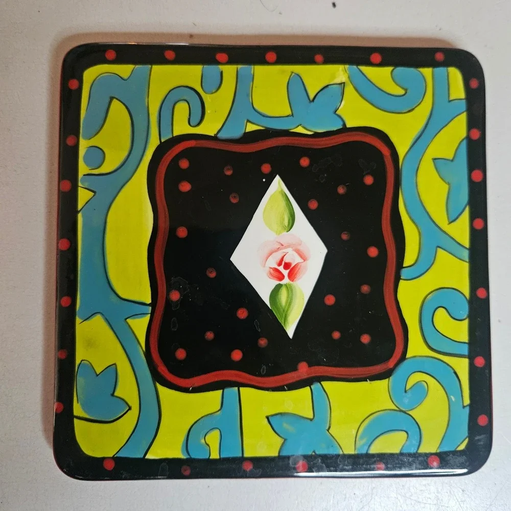 Vtg Joyce Shelton Set of 2 Whimsical Hand Painted Ceramic Tiles Cork Back Trivet